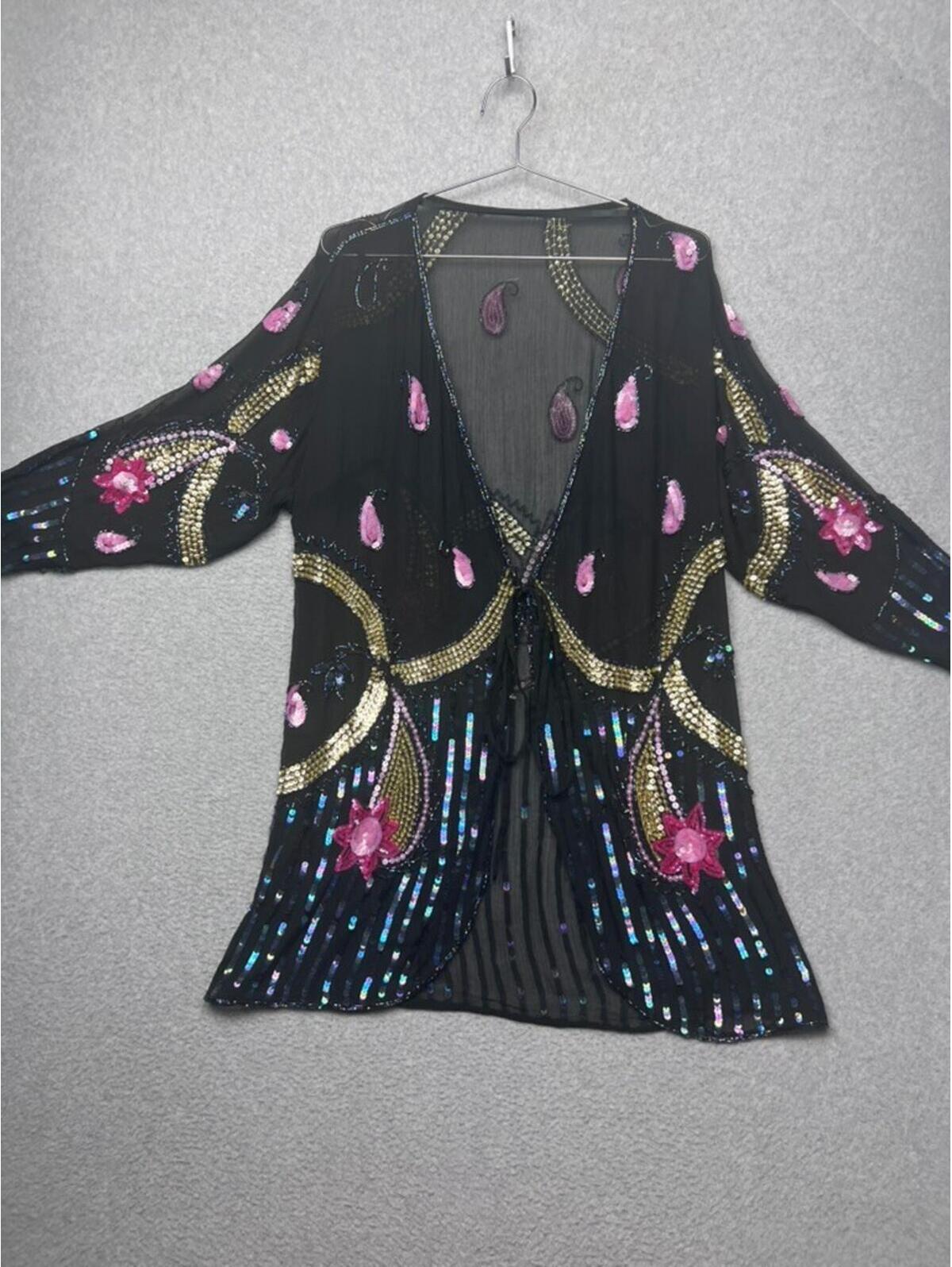 Vtg 80s Silk Beaded Sequin Paisley Duster Jacket Whimsigoth Festival Gatsby S/36